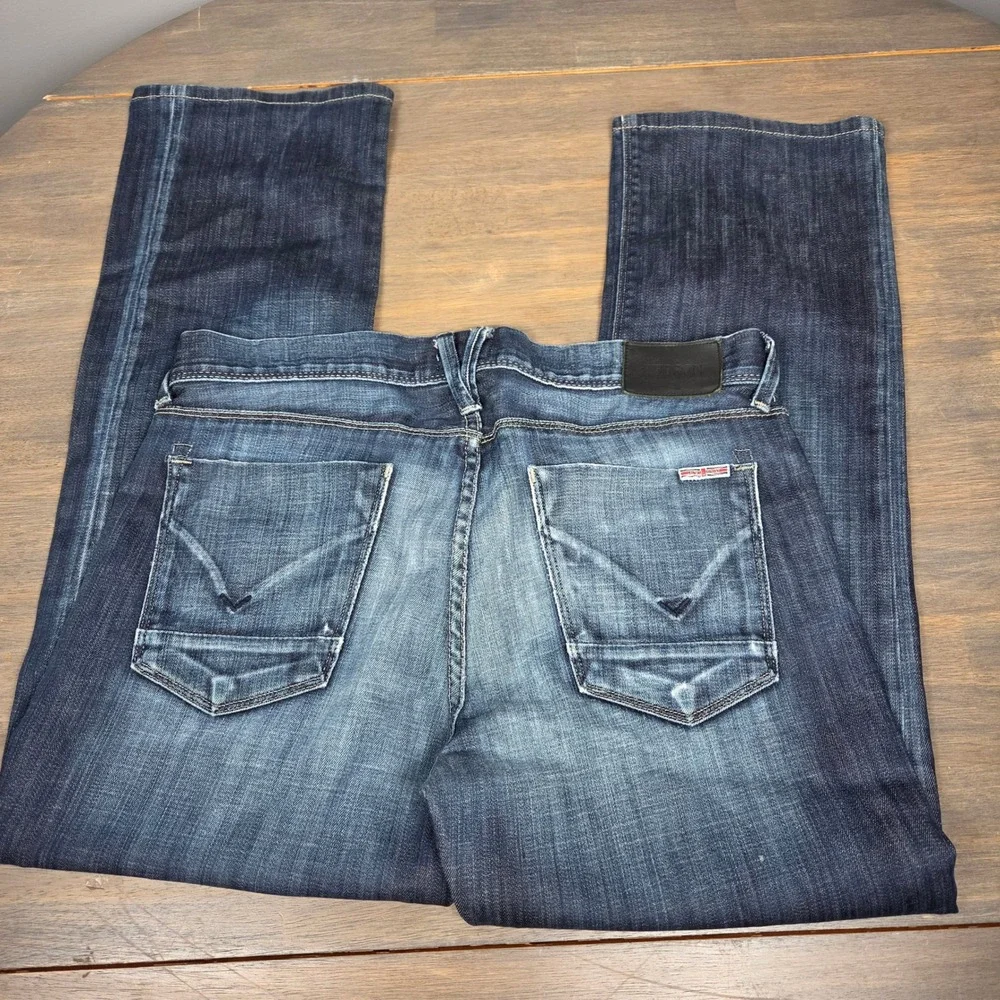 Hudson Mens Size 32 Clifton Bootcut Jeans 27.5 Inseam Distressed Dark Wash Blue